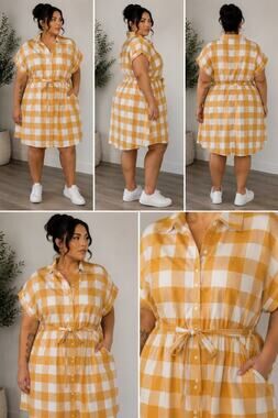 Eloquii Gingham Shirt Dress Size 28 Mustard Yellow White Cotton Button Front Tie
